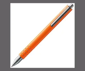 neonorangener Kugelschreiber der Firma Lamy mit silbernem Clip und silbernen Flecken bei der Spitze